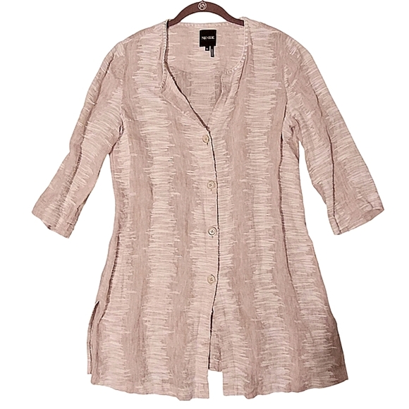 NIC+ZOE Linen Cotton Textured Beige White Button-up Tunic Blouse Top Women's M - Picture 1 of 13